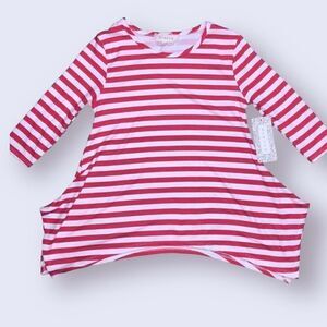Btween Scoop Neck Asymmetric Hem Red White Stripe 3/4 Sleeve Long Top Sz Medium